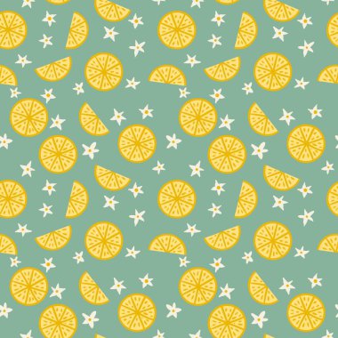 Parlak turuncu mandalina turuncu turuncu turunçgil narenciye meyvelerinin çiçekli yeşil arka planda el çizimi deseni. Yiyecekler için organik vejetaryen etiketler, ambalajlar. Doğal pastel retro