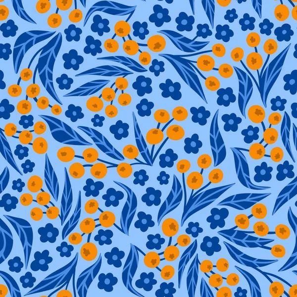 Рука Намальована Безшовним Візерунком Апельсиновими Ягодами Бірюзовому Фоні Блакитного Листя — стокове фото