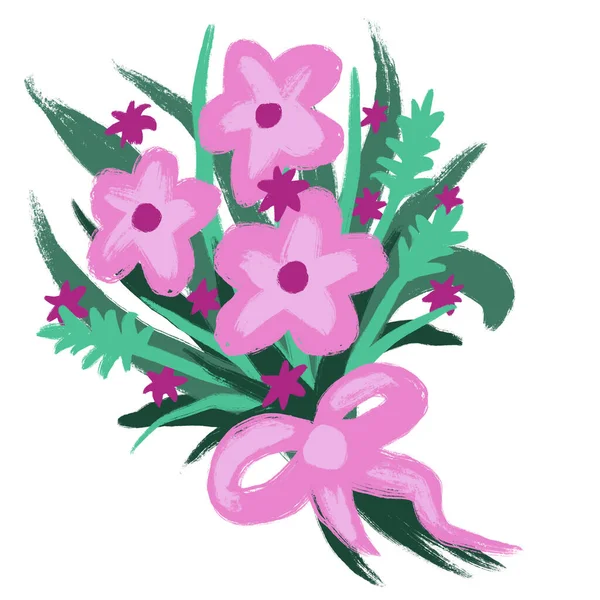 Illustration Dessinée Main Fleurs Sauvages Couleur Verte Rose Vif Bouquet — Photo