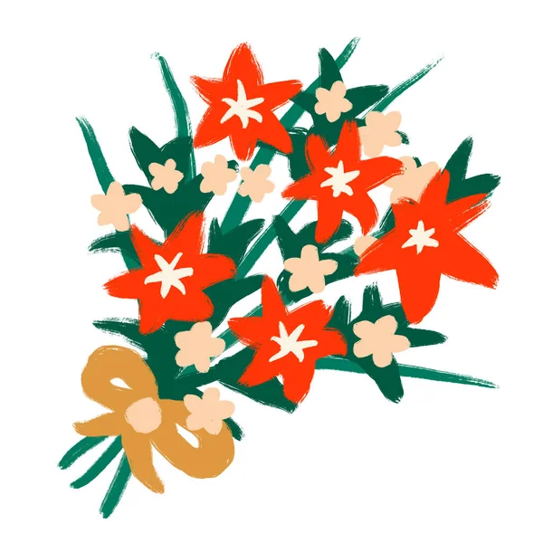 Handgezeichnete Illustration Von Roten Leuchtend Bunten Blumen Wildblumen Strauß Mit — Stockfoto