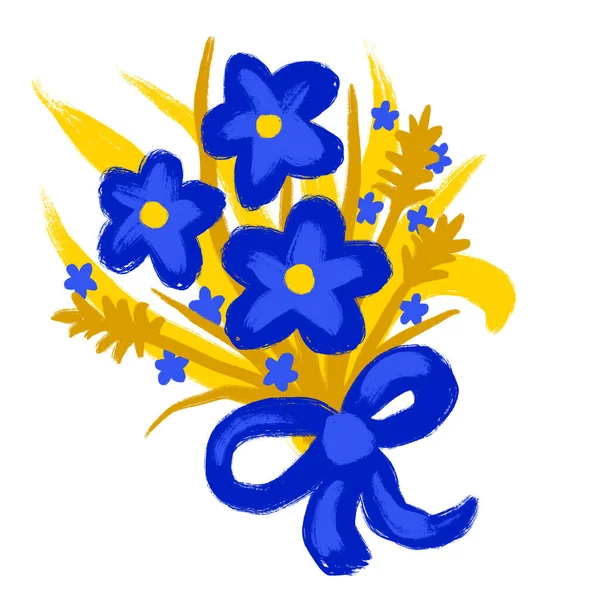 Ręcznie Rysowane Ilustracja Niebieskie Żółte Jasne Kolorowe Kwiaty Dzikie Kwiaty — Zdjęcie stockowe