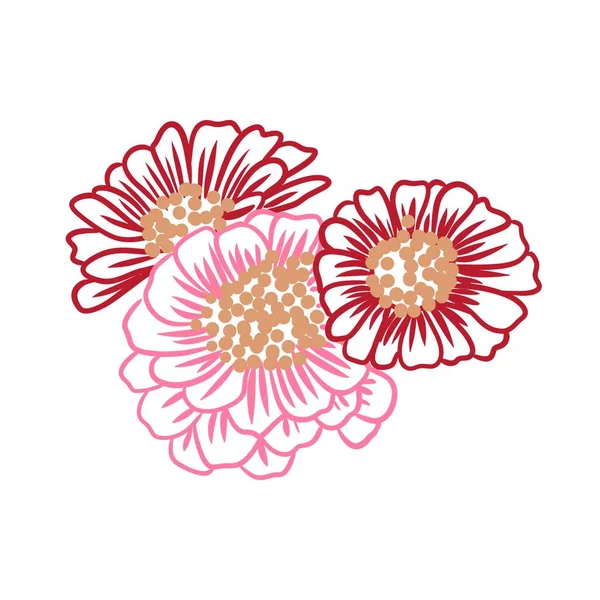 Hand drawn illustration with three orange red marsala pink daisy flowers on white isolated background. Bright colorful retro vintage print design, 60s 70s floral art, nature plant bloom blossom.