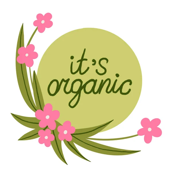 緑の葉のピンクの花と有機緑のラベルステッカーの手描きイラスト 自然生態系の環境標識要素 石灰葉の枝 手のレタリングの言葉 農業市場食品 — ストック写真
