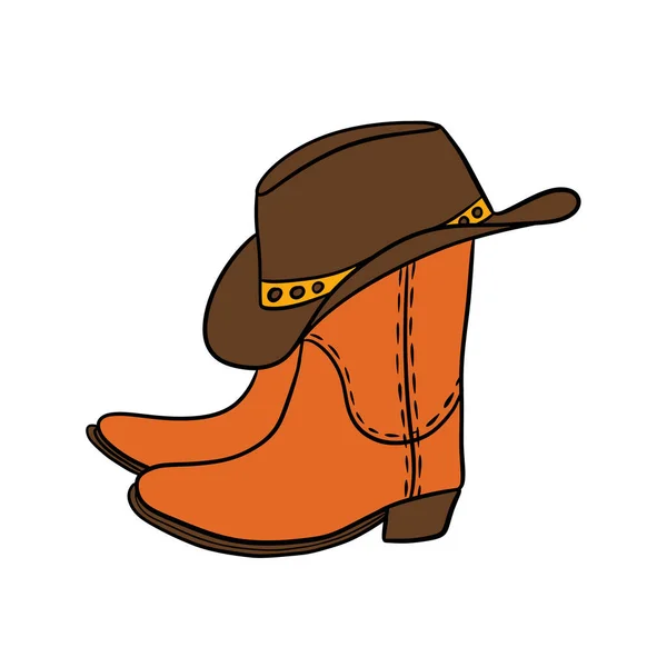 Hand drawn illustration of orange cowboy cowgirl boots brown hat in western southwestern style. Black line drawing of ranch adventure design, wild west american print, colorful cartoon shoes