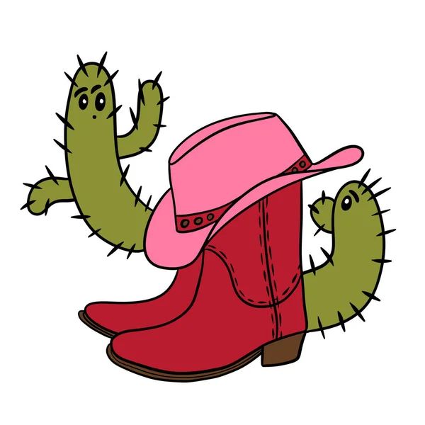 手绘的红色牛仔牛仔女靴子粉色帽子绿色仙人掌西南风插图 牧场探险设计的黑线画 野生的美国西部印刷品 彩色卡通鞋 — 图库照片