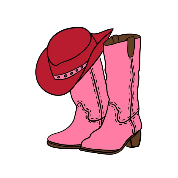 Hand drawn illustration of pink cowboy cowgirl boots red hat in western southwestern style. Black line drawing of ranch adventure design, wild west american print, colorful cartoon shoes