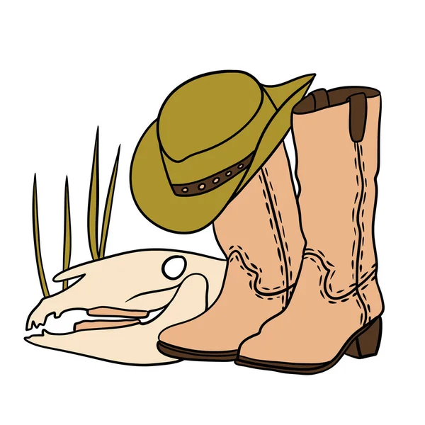 Ilustração Desenhada Mão Cowboy Bege Cowgirl Botas Verde Chapéu Cavalo — Fotografia de Stock