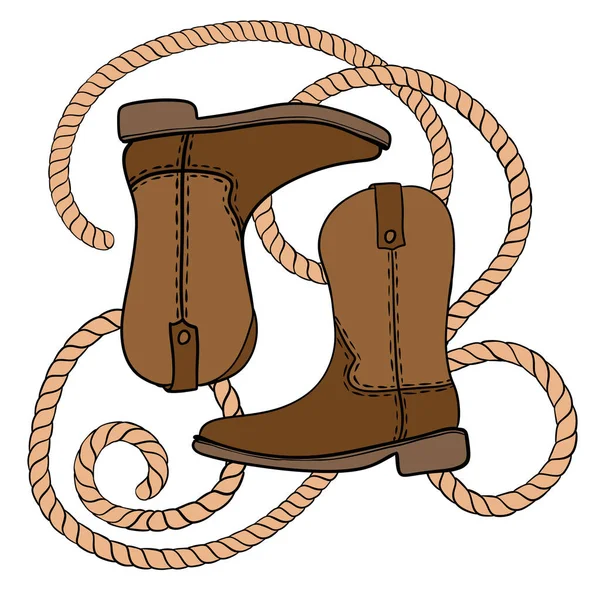 西部南西部のスタイルでベージュ茶色のカウボーイカウガールブーツロープの手描きイラスト 牧場の冒険デザイン 野生の西アメリカのプリント カラフルな漫画の靴の黒い線画 — ストック写真