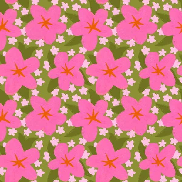 Kézzel Rajzolt Zökkenőmentes Minta Rózsaszín Zöld Kopott Elegáns Virág Virágos — Stock Fotó