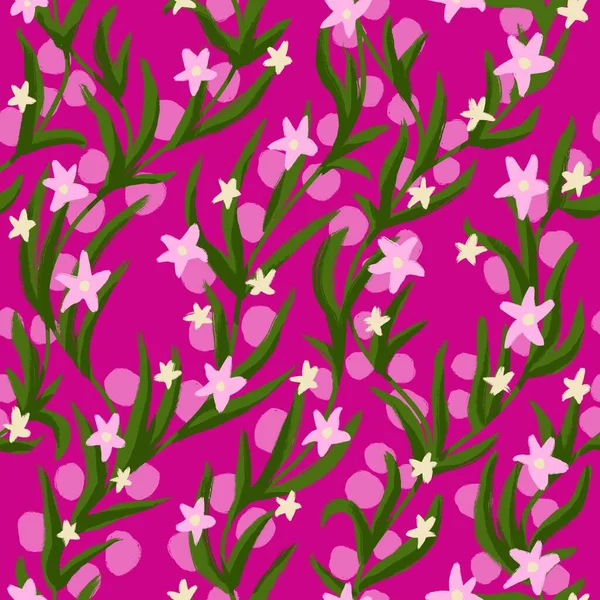 Kézzel Rajzolt Zökkenőmentes Minta Rózsaszín Zöld Átlós Ágak Virág Virágos — Stock Fotó