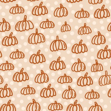 seamless hand drawn pattern beige brown polka dot background ripe organic pumpkin squashes. For halloween thanksgiving design paper textile harvest celebration fall autumn season cute nursery clipart