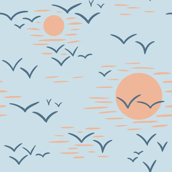 手绘无缝图案 鸟类海鸥在蓝天橙色的阳光下飞翔 Sea Ocean Coastal Nautical Print Neutral Colors Sunset — 图库照片