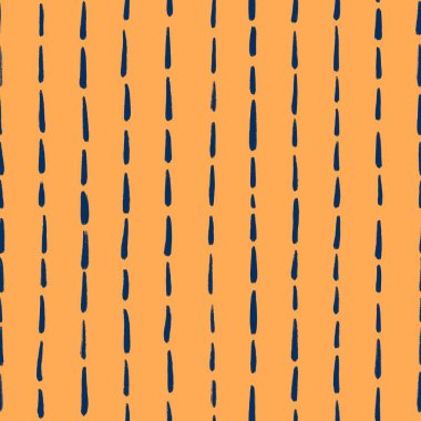 El çizimi, turuncu arka planda dikey mavi noktalı çizgiler. Modern minimal minimalist tarzda soyut geometrik baskı, kumaş ambalajı için parlak renkli modern tasarım