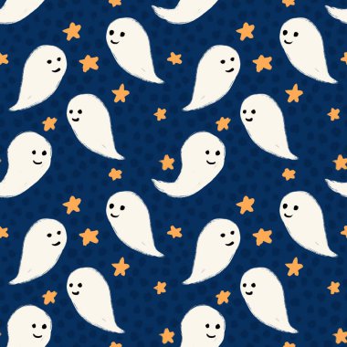 Koyu mavi benekli arka planda beyaz şirin hayaletlerle el çizimi, sarı yıldızlar. Kawaii çocuklar için komik cadılar bayramı canavar baskısı çocuk odası dekoru, ürkütücü erkek bebek sanatı