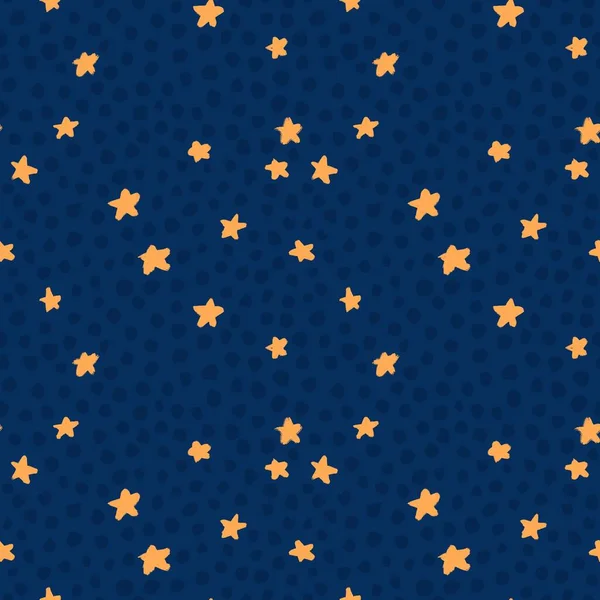 手工绘制了深蓝色海军背景的黄色橙色星星的无缝图案 幼儿床上用品空间夜间打印的波尔卡点设计 可爱的极简主义的天空 — 图库照片