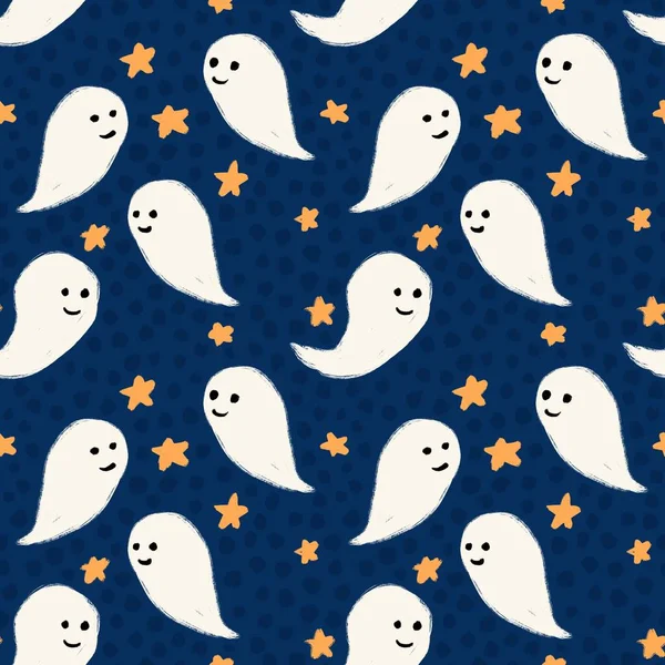 Hand Drawn Seamless Pattern White Cute Ghosts Yellow Stars Dark — Stock Photo, Image