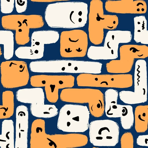 Sarı turuncu, mavi, beyaz siyah tetris şekilli, el çizimi, pürüzsüz desen. Tatlı yüzler canavarlar, Cadılar Bayramı tasarımı, çocuklar için çocuk odası dekorasyonu, soyut geometrik sanat