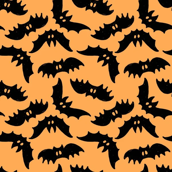 Hand Drawn Seamless Pattern Black Halloween Bats Orange Background Fall — Stock Photo, Image