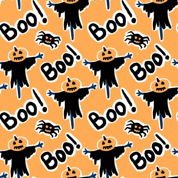 Handgezeichnetes Nahtloses Muster Mit Schwarzer Halloween Vogelscheuche Auf Orangefarbenem Hintergrund — Stockfoto