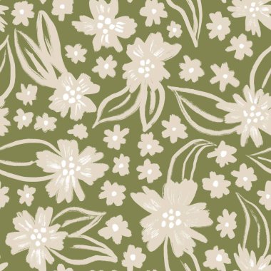 Hand drawn seamless pattern with muted pastel daisy flowers, neutral beige sage green floral design. Boho bohemian trendy loose nature blossom bloom leaves, victorian retro garden print, retro
