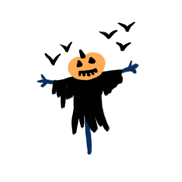Siyah Turuncu Kabaklı Uçan Karga Kuşlu Korkuluğun Çizimi Cadılar Bayramı — Stok fotoğraf