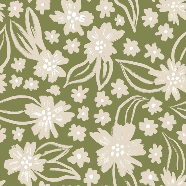 Hand Drawn Seamless Pattern Muted Pastel Daisy Flowers Neutral Beige — Foto Stock