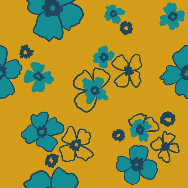 レトロバックの背景に黄色の青いデイジーの花と手描きのシームレスなパターン レトロなヴィンテージの中世の赤いブロブ ヒッピーブルームの自然のデザイン 暖かい色とモダンな花のプリント — ストック写真
