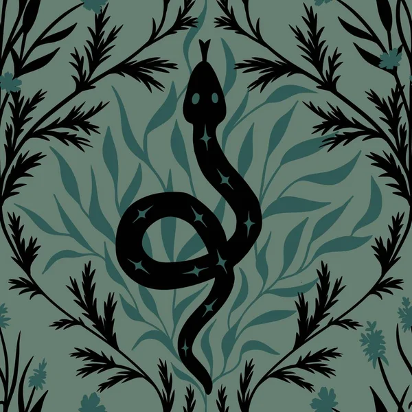 用树叶在鼠尾草绿色背景上手绘无缝的黑蛇图案 女巫巫术神秘神秘的Boho设计 茶色灰色深奥的哥特式半身像之间的印刷蛇艺术 — 图库照片