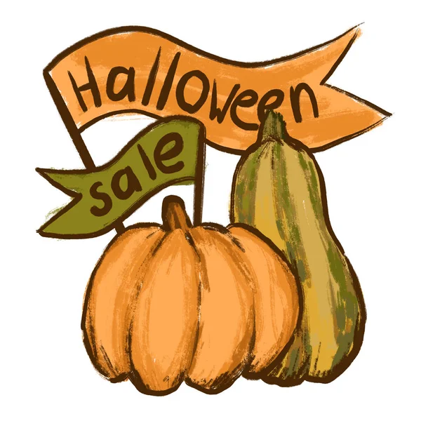 Handritad Illustration Halloween Försäljning Pumpor Med Flaggor Höst Orange Falla — Stockfoto