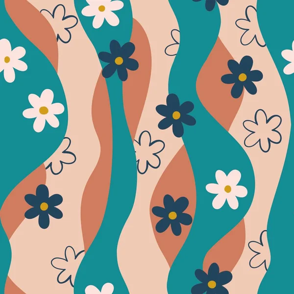 ベージュブルーの波ヒッピーの花 レトロなヴィンテージの花のプリントで手描きのシームレスなパターン 60年代 70年代半ばモダンなMcmデザイン 抽象曲線 エレガントなデイジーアート — ストック写真