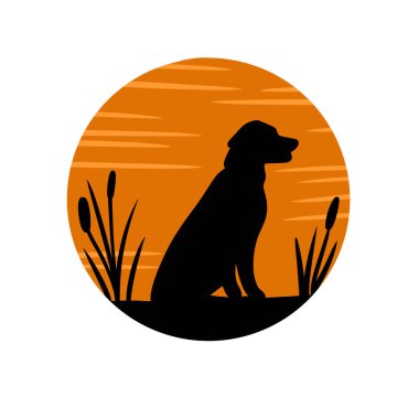 Turuncu günbatımı arka planında siyah avcı köpeğinin el çizimi. Doğa Gölü Nehri Typha Reed, antika av logosu silueti, evcil hayvan terbiyecisi Retriever