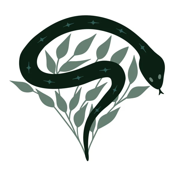 Illustrazione Disegnata Mano Serpente Nero Sfondo Verde Salvia Con Foglie — Foto Stock