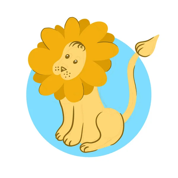 Hand drawn illustration of cute lion with mane tail on blue circle background. Kids children art for nursery, animal zoo wild jungle character, africa safari print, childish greeting card