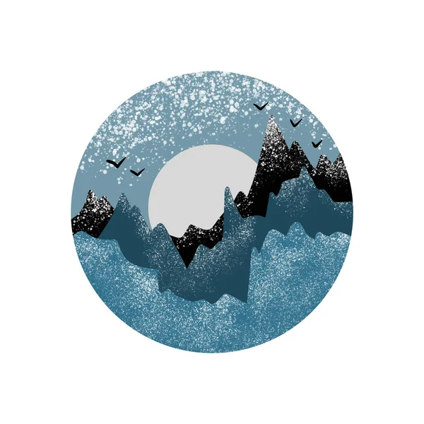 円に描かれた青い冬の山の森のイラスト ウッドランドの風景 野生のキャンプ ハイキング ツーリズム 松のファイバーの木の背景 屋外の季節の雪の降雪の飛行鳥 — ストック写真