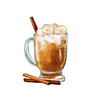 Balkabağı baharatının elle çizilmiş suluboya çizimi ikinci içeceği. Kahve kapuçino menüsü sonbahar kafesi, lezzetli bej rengi kahverengi mevsimlik sanat, bayram organik kremalı beyaz tatlı.