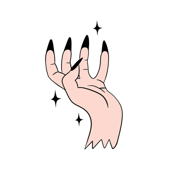 Hand drawn illustration of witch hand with black fingernails nails stars. Witchcraft magic mystic halloween art, elegant mystical dark academia spiritual occult print, esoteric logo