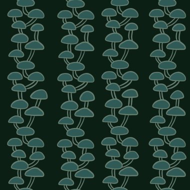 Koyu yeşil orman ahşap mantarlarıyla el çizimi, pürüzsüz desen. Orman minimalist mantar mantarı, doğa zehirli bitkiler organik mevsim dikey çizgiler.