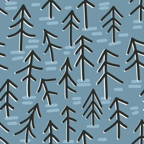 Dibujado Mano Azul Invierno Pino Coníferas Bosque Patrón Sin Costura —  Fotos de Stock