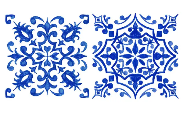 Illustrazione Acquerello Disegnato Mano Con Azulejo Bianco Blu Portoghese Piastrelle — Foto Stock