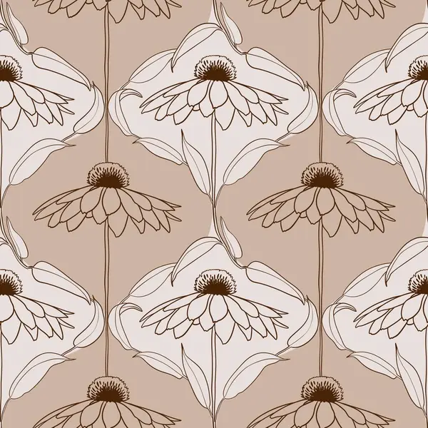 Hand drawn seamless pattern in beige brown echinacea diamond background. Elegant garden bohemian wildflowers, blossom decoration, squares geometric victorian print, flowers leaves art