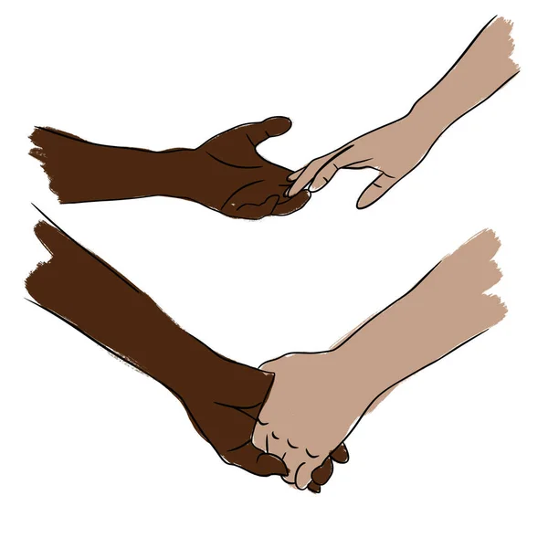 Hand drawn illustration of two human person hands holding idifferent skin colors. Simple minimalist symbol concept in black line outline, skin color diversity, empty space for logo text, friendship