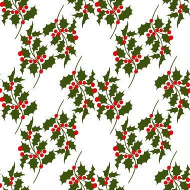 Elle çizilmiş kusursuz desen, beyaz arka planda kırmızı, yeşil, geleneksel kutsal tatil bitkisi tasarımı ile Noel kış elementleri. Kutlama için parlak renkli baskı