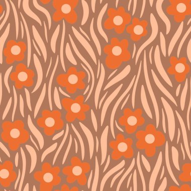 Çiçeklerle çizilmiş el izi. Şeftali tüyü kayısı portakal süsü, klasik kalitesiz elementlerle basit retro pastel bahçe baskısı. Yılın rengi tasarımı, modaya uygun kumaş arkaplanı