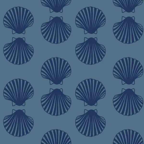 Hand drawn seamless pattern with blue sea ocean shells on navy background. Nautical marine coastal marine pastel element background, under the sea elegant calm neutral print, seashell texture