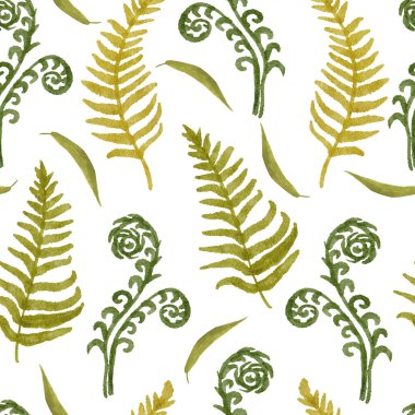 Ağaçlık ormanda yeşil yabani otlar ve eğreltiotu yapraklarıyla kusursuz bir el yapımı suluboya deseni. Organik doğal bitkiler, duvar kağıtları için çiçekli botanik tasarımı tekstil ambalaj kağıdı ekolojik