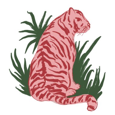 Yeşil orman arka planında turuncu kaplanla el çizimi iltihaplanma. Vahşi turkuaz kırmızısı yaz ormanı, renkli yapraklar tredy zoo Hawaii baskısı, egzotik vahşi hayvan hayvan safari sanatı