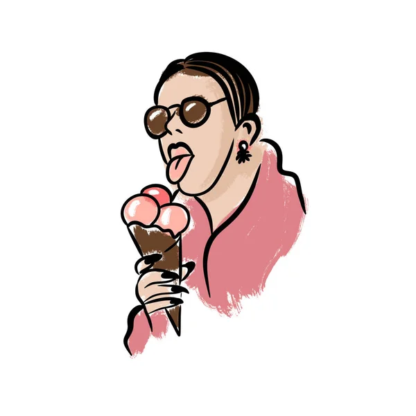 Hand drawn illustration of woman eating ice cream cone. Pink peach apricot colors, black sketch outlines, modern outline art lady in summer sunglasses, fashion icon bold colorful print on white