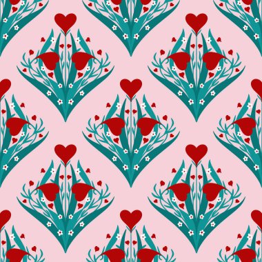 Çiçekli Aziz Sevgililer Günü tarzında el çizimi kusursuz desen. Zarif renkli aşk eski moda tasarımı, Victoria kumaşı baskısı, kırmızı kalpler beyaz zümrüt yeşil yapraklar, modern İspanyol kumaşı.
