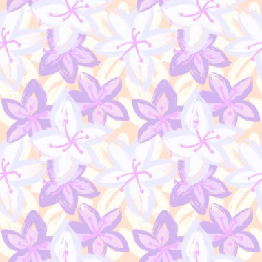 El çizimi pürüzsüz desenli mavi ışık pastel mor çiçek çiçek çiçek elementleri kalitesiz yaz botanik doğa baskısı çiçek açmış taç yaprakları. Retro vintage kumaş tasarımı, şirin doğa.