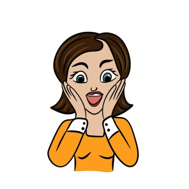 Cartton kadınının el çizimi, hayret verici bir şaşkınlık. Siyah saçlı, sarı tişörtlü, elleri yanaklarında dışavurumcu, yetişkin, korkmuş, gergin, vay canına yaşam tarzı